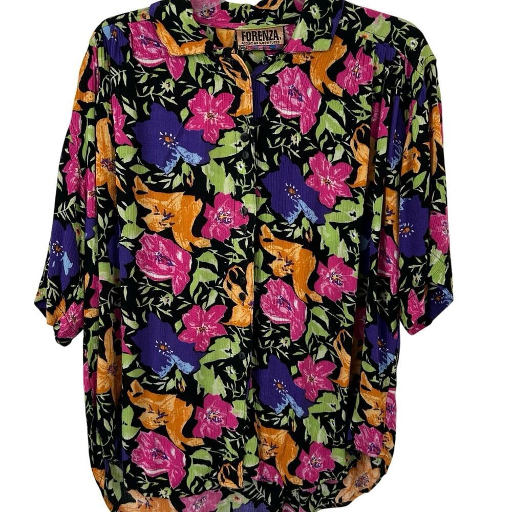 Vintage Forenza Colorful Floral Button Up Retro Blouse L/XL